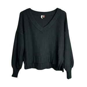 ANTHROPOLOGIE PILCRO Black Super Fuzzy V-Neck Sweater CROP HIGH-LOW Relaxed XS-P